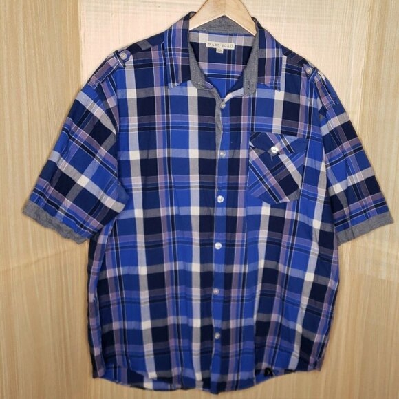 Marc Ecko Mens Ble Plaid Short Sleeve Button Down Shirt 3XLT - Picture 1 of 7